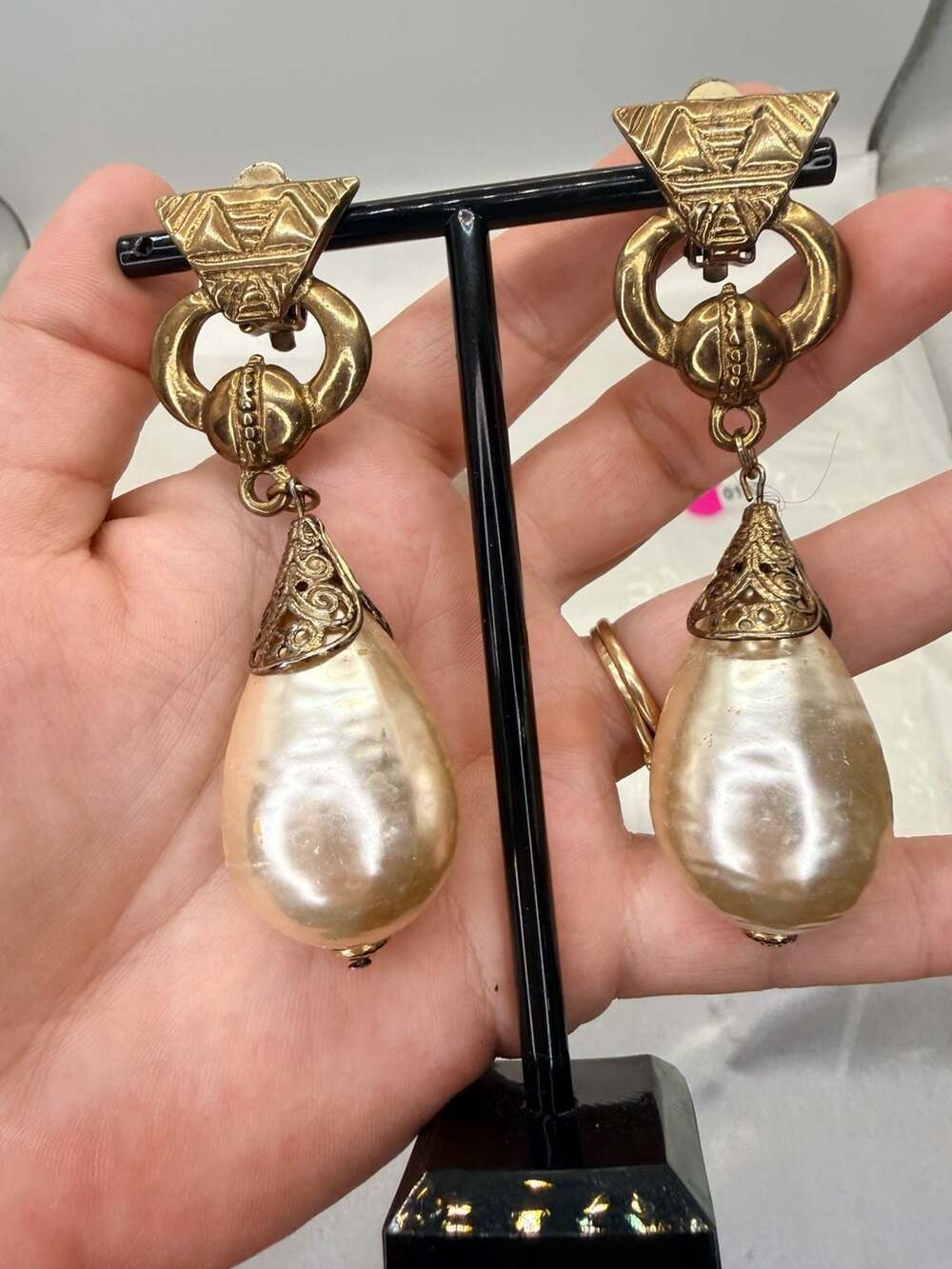 Huge Vintage Gold Tone Faux Pearl Filigree Drop Earrings